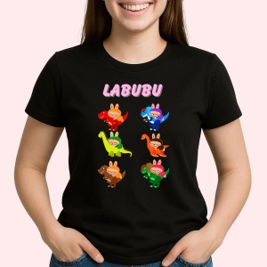 Tricou Labubu dino culori, Unisex Dama si Barbat | Copii, Culoare Negru