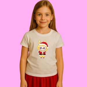 Tricou Labubu Galben Mos Craciun Cu Manusi, din bumbac 100%, tricou alb, Copii | Dama | Barbat - Img 2