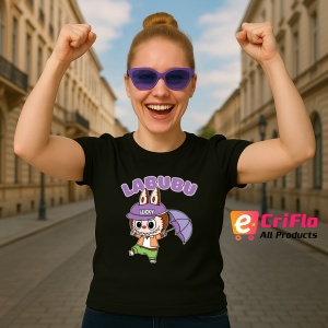 Tricou Labubu lucky umbrela, Unisex Dama si Barbat | Copii, Culoare Negru - Img 3