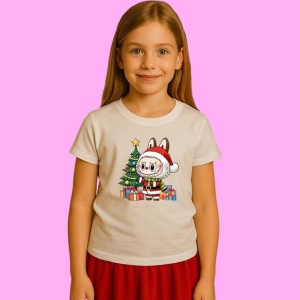 Tricou Labubu Mos Craciun Langa Brad Si Cadouri, din bumbac 100%, tricou alb, Copii | Dama | Barbat