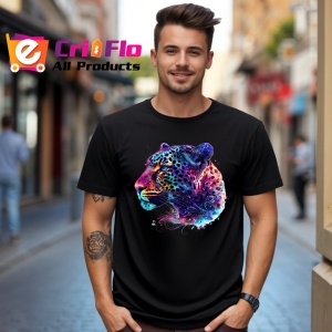 Tricou Leopard in stil pictura digitala fundal alb Copii | Dama | Barbat, culoare negru - Img 5