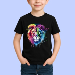 Tricou Leu artistic in culori calde si reci fundal alb Copii | Dama | Barbat, culoare negru