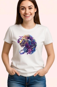 Tricou Leu cu coama colorata in vant fundal alb Copii | Dama | Barbat - Img 3
