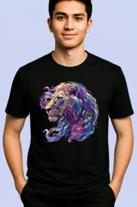 Tricou Leu cu coama colorata in vant fundal alb Copii | Dama | Barbat, culoare negru - Img 2