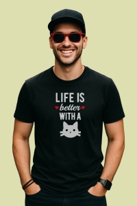 Tricou Life Is Better With Cat, din bumbac 100%, tricou negru, Dama | Barbat - Img 2
