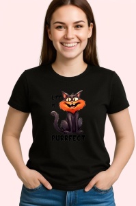 Tricou Life is purrfect poster pisica zambitoare mesaj amuzant, Copii | Dama | Barbat , tricou negru - Img 3