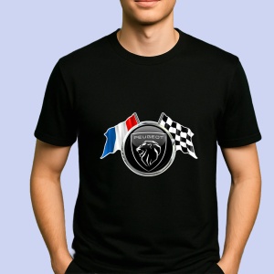 Tricou Logo Peugeot Negru Cu Steaguri | Unisex Dama si Barbat