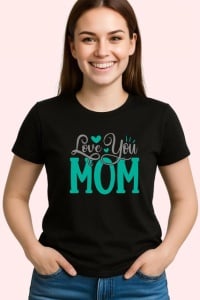 Tricou Love You Mom V2 Scris Turcoaz Negru, din bumbac 100%, tricou negru Dama