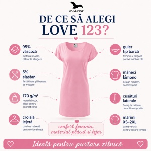 Tricou Lung Tip Rochie Damă Malfini Love 123, Roz, 95% Vâscoză, Croială Lejeră, Guler Tip Barcă, XS–2XL - Img 2