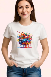 Tricou Masina colorata cu stropi si cercuri fundal alb Copii | Dama | Barbat