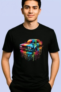 Tricou Masina sport retro cu vopsea picurata fundal alb Copii | Dama | Barbat, culoare negru - Img 2