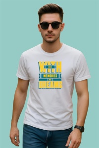 Tricou Memories Not Dreams Text Albastru Galben, din bumbac 100% , tricou alb pentru Copii | Dama | Barbat - Img 3
