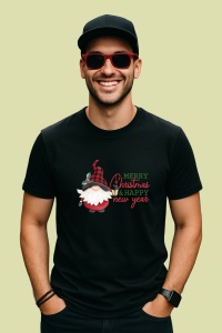 Tricou Merry Christmas Happy New Year Gnom, din bumbac 100%, tricou negru, Dama | Barbat - Img 2