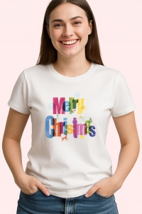 Tricou Merry Christmas Text Colorat, din bumbac 100%, tricou alb, Dama | Barbat