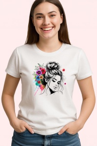 Tricou messy bun girl color floral splash, fata coc lejer cu flori colorate, Copii | Dama | Barbat - Img 3