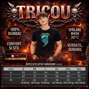 Tricou Metallica Craniu Albastru Electric, din bumbac 100%, tricou negru, Dama | Barbat - Img 3