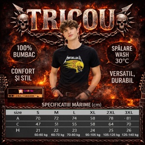 Tricou Metallica Craniu Flacari Galben, din bumbac 100%, tricou negru, Dama | Barbat - Img 3