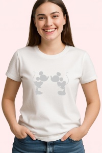 Tricou Mickey Minnie Kiss Silhouette, din bumbac 100%, tricou alb, Dama | Barbat - Img 2
