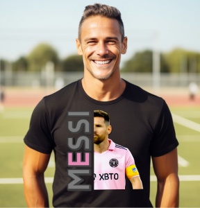 Tânăr purtând un tricou negru personalizat cu imaginea fotbalistului Messi și text vertical gri cu roz cu numele 'Messi', zâmbind pe un teren de sport.