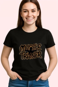 Tricou Muscle Trainer Text Portocaliu, Copii | Dama | Barbat, culoare negru