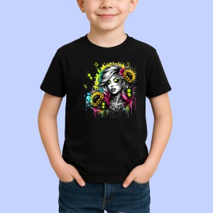 Tricou Neon eyes girl flowers tattoo, fata cu ochi neon si tatuaje florale, Copii | Dama | Barbat , tricou negru - Img 2
