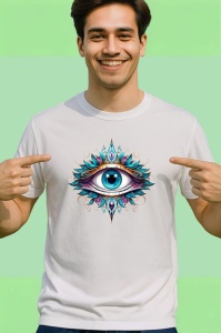 Tricou Ochi albastru turcoaz in mandala luminoasa cu elemente aurii Copii | Dama | Barbat Barbat - Img 2