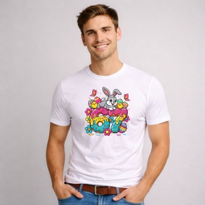 Tricou Paste 67 Easter Iepuras Oua Colorate Drip Funny, din bumbac 100%, tricou alb, Copii | Dama | Barbat - Img 2
