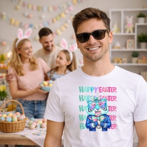 Tricou Paste Bunny Cool Ochelari Happy Easter Aesthetic, din bumbac 100%, tricou alb, Copii | Dama | Barbat - Img 5