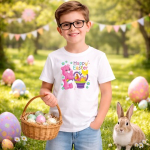 Tricou Paste Care Bears Paste Happy Easter Oua Colorate, din bumbac 100%, tricou alb, Copii | Dama | Barbat - Img 5