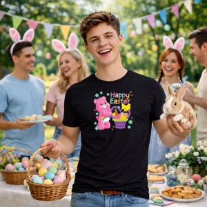 Tricou Paste Care Bears Paste Happy Easter Oua Colorate, din bumbac 100%, tricou negru, Copii | Dama | Barbat - Img 7