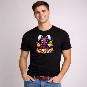 Tricou Paste Deadpool Iepuras Paste Oua Colorate Pui, din bumbac 100%, tricou negru, Copii | Dama | Barbat - Img 3