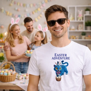 Tricou Paste Easter Adventure Pisica Cos Oua Colorate, din bumbac 100%, tricou alb, Copii | Dama | Barbat - Img 5