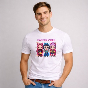 Tricou Paste Easter Vibes Kpop Girls Chibi Stil, din bumbac 100%, tricou alb, Copii | Dama | Barbat - Img 2