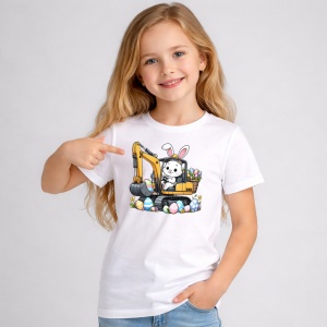 Tricou Paste Excavator Iepuras Paste Oua Colorate Santier, din bumbac 100%, tricou alb, Copii | Dama | Barbat