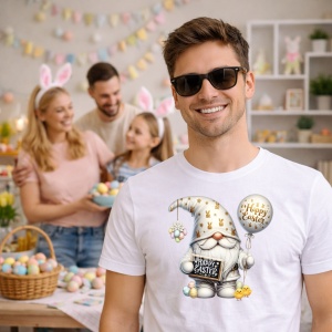 Tricou Paste Gnom Easter Cu Balon Si Oua Pastel Elegant, din bumbac 100%, tricou alb, Copii | Dama | Barbat - Img 7