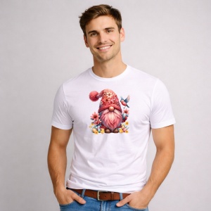 Tricou Paste Gnom Roz Pastel Cu Flori Si Pasare Decor, din bumbac 100%, tricou alb, Copii | Dama | Barbat