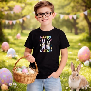 Tricou Paste Happy Easter Iepurasi Colorati Text Vesel, din bumbac 100%, tricou negru, Copii | Dama | Barbat - Img 5