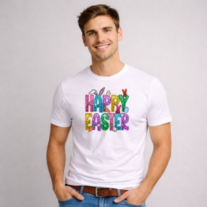 Tricou Paste Happy Easter Text Colorat Glitter Decor, din bumbac 100%, tricou alb, Copii | Dama | Barbat - Img 2