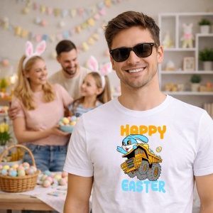 Tricou Paste Happy Easter Utilaj Constructii Masina Galbena, din bumbac 100%, tricou alb, Copii | Dama | Barbat - Img 7