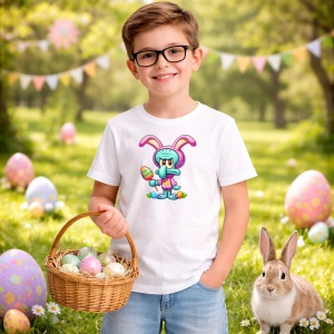 Tricou Paste Iepuras Cartoon Colorat Funny Easter Vibe, din bumbac 100%, tricou alb, Copii | Dama | Barbat - Img 5