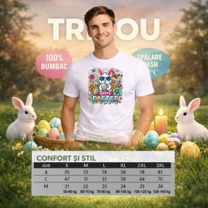 Tricou Paste Iepuras Cu Ochelari Flori Happy Easter Colorat, din bumbac 100%, tricou alb, Copii | Dama | Barbat - Img 6