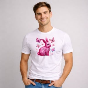 Tricou Paste Iepuras Glitter Roz Cu Fluturi Glam Aesthetic, din bumbac 100%, tricou alb, Copii | Dama | Barbat
