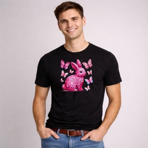 Tricou Paste Iepuras Glitter Roz Cu Fluturi Glam Aesthetic, din bumbac 100%, tricou negru, Copii | Dama | Barbat