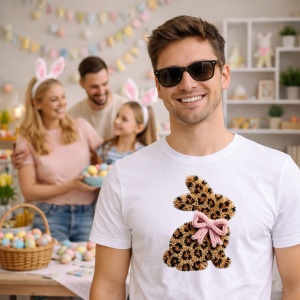 Tricou Paste Iepuras Leopard Print Fundita Roz Fashion, din bumbac 100%, tricou alb, Copii | Dama | Barbat - Img 7