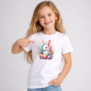 Tricou Paste Iepuras Paste Cos Oua Colorate Flori Primavara, din bumbac 100%, tricou alb, Copii | Dama | Barbat