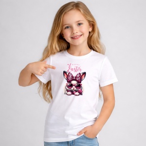 Tricou Paste Iepuras Paste Ochelari Roz Stylish Easter, din bumbac 100%, tricou alb, Copii | Dama | Barbat