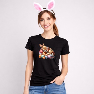Tricou Paste Iepuras Paste Oua Colorate Cos Somnoros, din bumbac 100%, tricou negru, Copii | Dama | Barbat