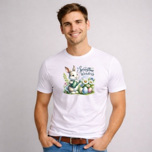 Tricou Paste Iepuras Paste Spring Wishes Flori Oua Colorate, din bumbac 100%, tricou alb, Copii | Dama | Barbat