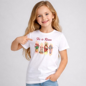 Tricou Paste Mesaj Crestin He Is Risen Iepuras Cruce Flori Paste, din bumbac 100%, tricou alb, Copii | Dama | Barbat