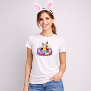 Tricou Paste Pikachu Paste Oua Colorate Iepuras 2, din bumbac 100%, tricou alb, Copii | Dama | Barbat - Img 3